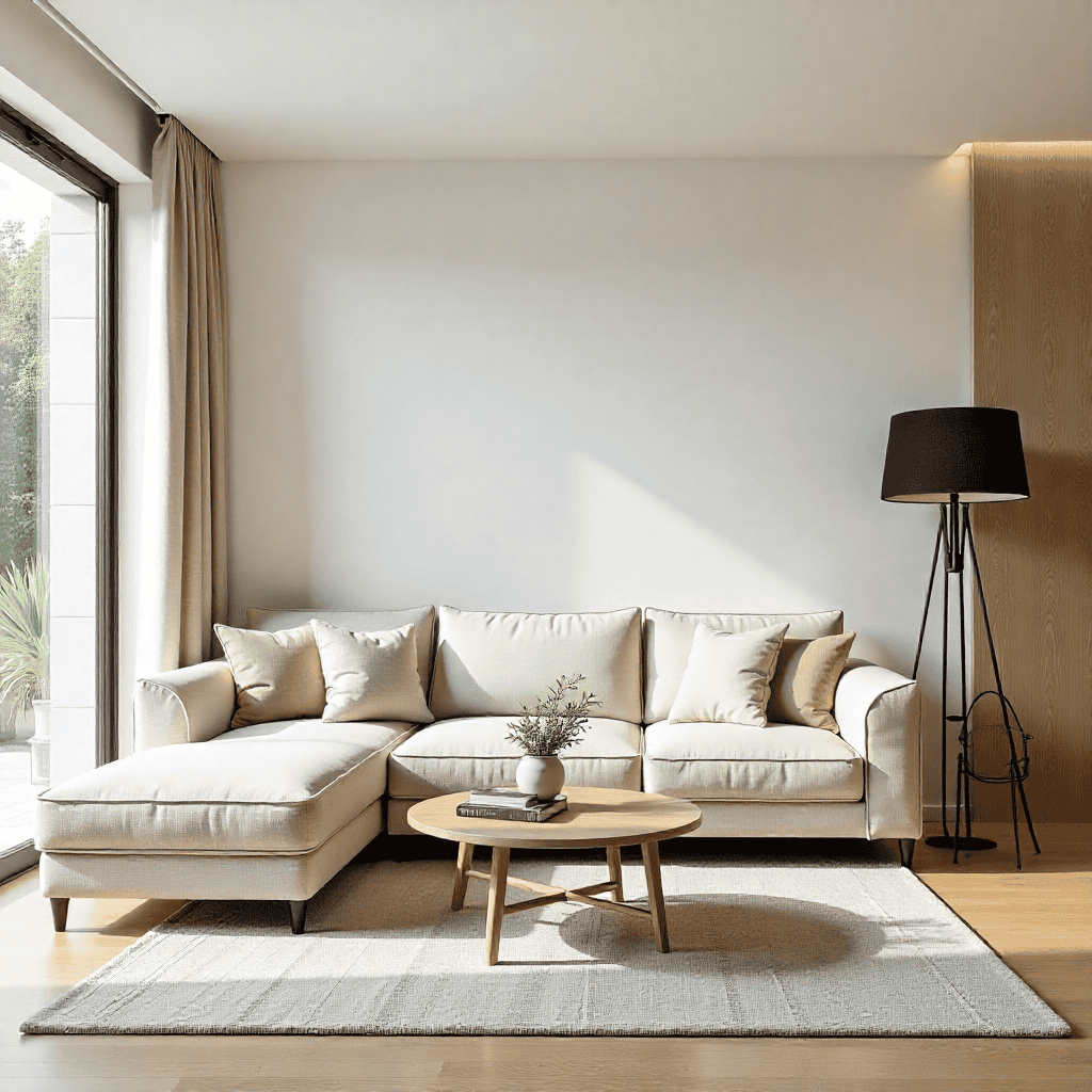 Modern living room with neutral tones and natural light
