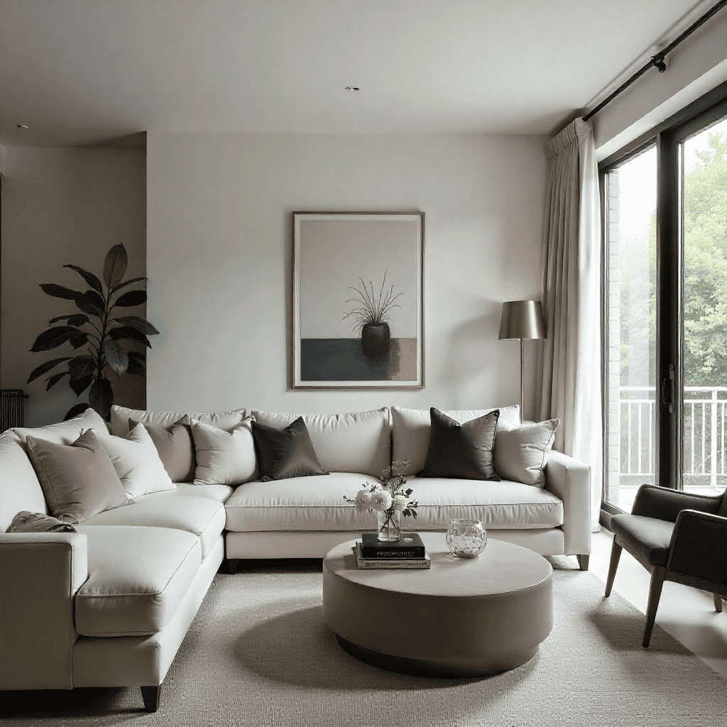 Styled living space featuring layered décor, greenery, and soft lighting